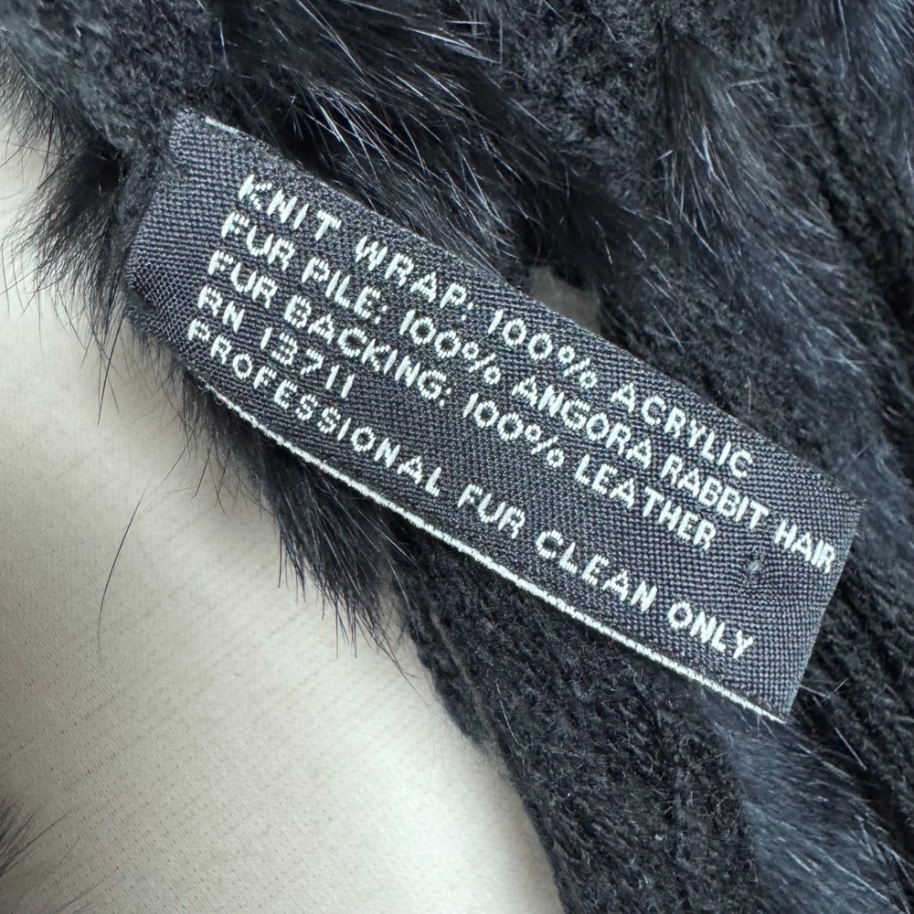 Vintage Angora Leather blend black scarf with fringe Corporate Goth Glam Goth - Picture 2 of 3
